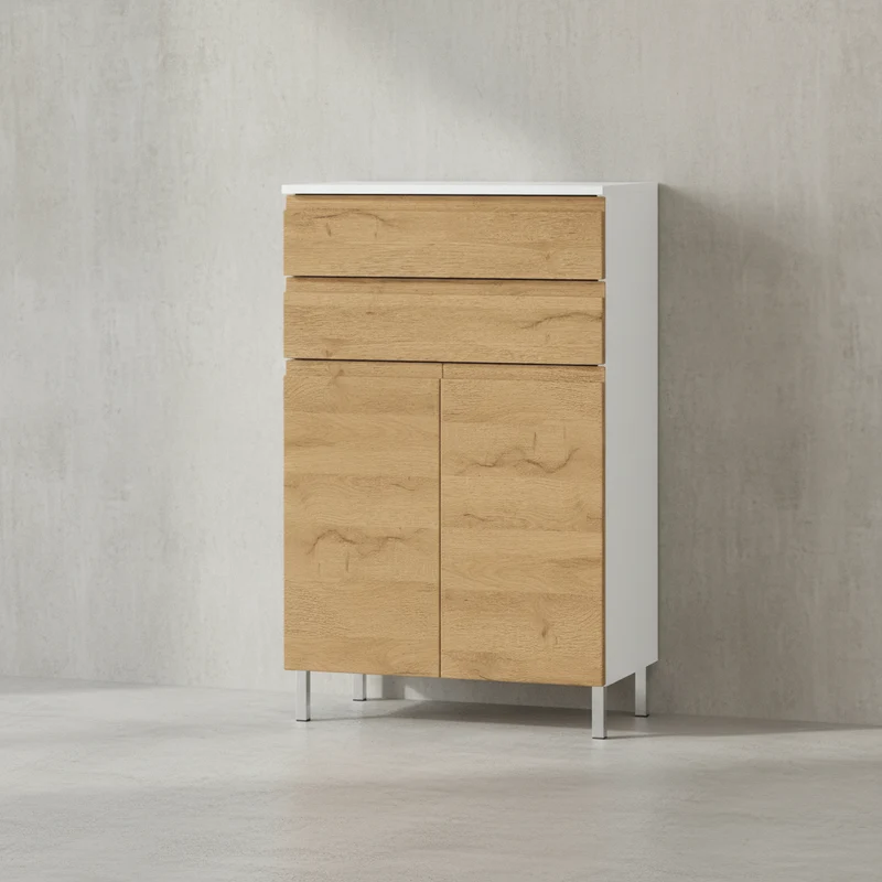 Badschrank Weiß und Eiche Grandson 60x97x34 cm mit Schubladen, Chromfüßen und griffloser Front