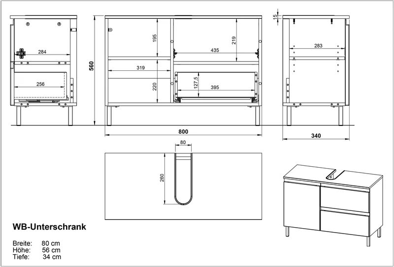 Waschbeckenunterschrank Weiß und Eiche Grandson 80x34x56 cm mit Chromfüßen