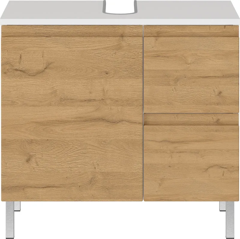 Waschbeckenunterschrank Weiß und Eiche Grandson 60x34x56 cm mit Chromfüßen