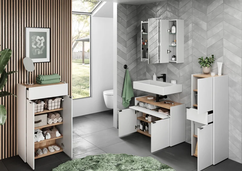 Midischrank mit Schublade aus Eiche-Optik mit Soft-Close-Funktion