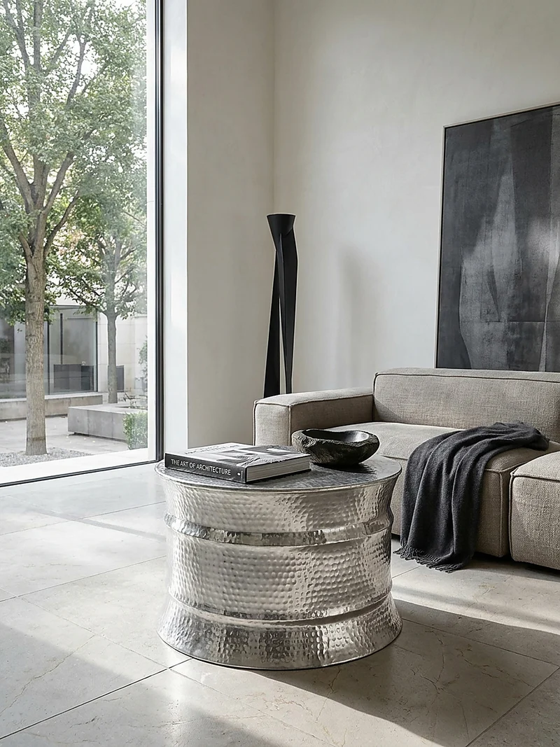 Couchtisch orientalisch rund Aluminium Hammerschlag-Look handgefertigt stabil langlebig