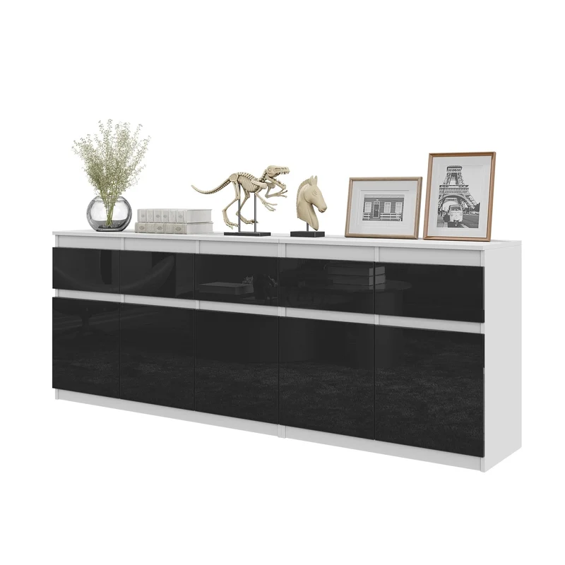 NOAH - Kommode mit 5 Schubladen und 5 Türen - Schlafzimmer Kommode Aufbewahrung Schrank Sideboard - Weiß Matt / Schwarz Glanz H75cm B200cm T35cm