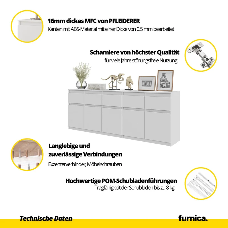 NOAH - Kommode mit 5 Schubladen und 5 Türen - Schlafzimmer Kommode Aufbewahrung Schrank Sideboard - Wotan Eiche H75cm B200cm T35cm