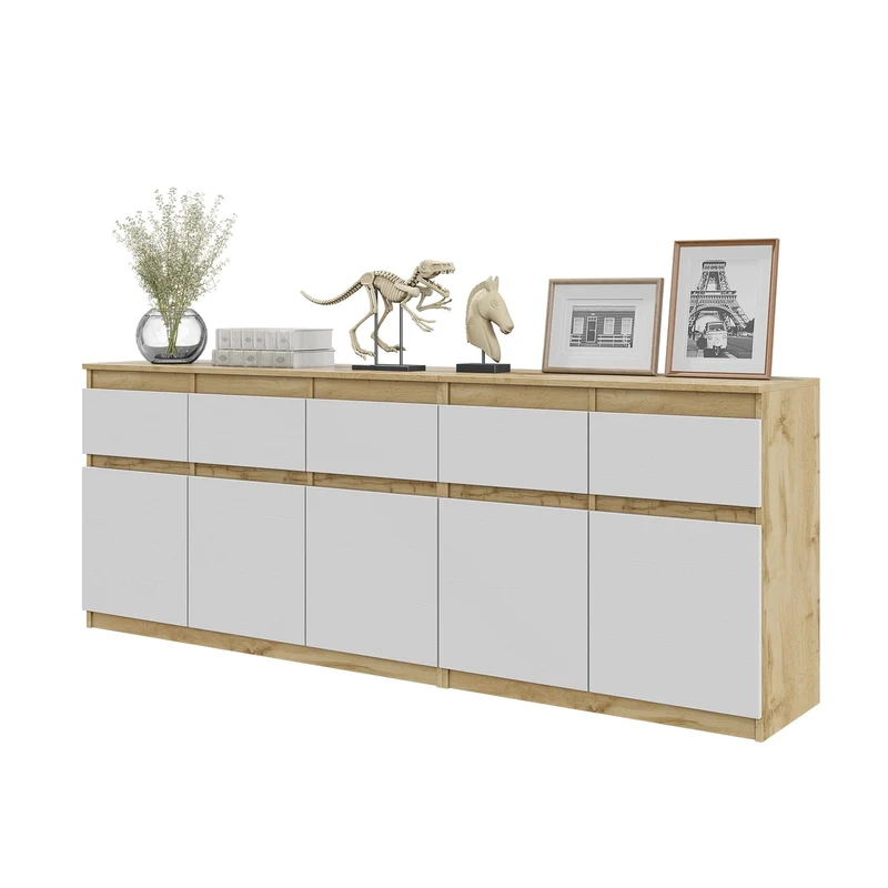 NOAH - Kommode mit 5 Schubladen und 5 Türen - Schlafzimmer Kommode Aufbewahrung Schrank Sideboard - Wotan Eiche / Weiß Matt H75cm B200cm T35cm