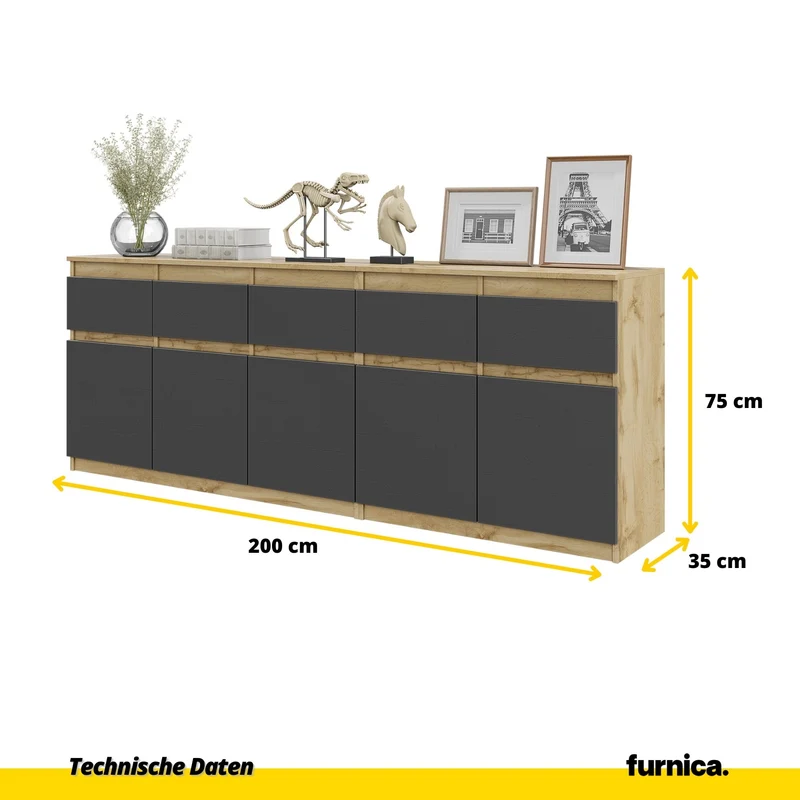 NOAH - Kommode mit 5 Schubladen und 5 Türen - Schlafzimmer Kommode Aufbewahrung Schrank Sideboard - Wotan Eiche / Anthrazit H75cm B200cm T35cm