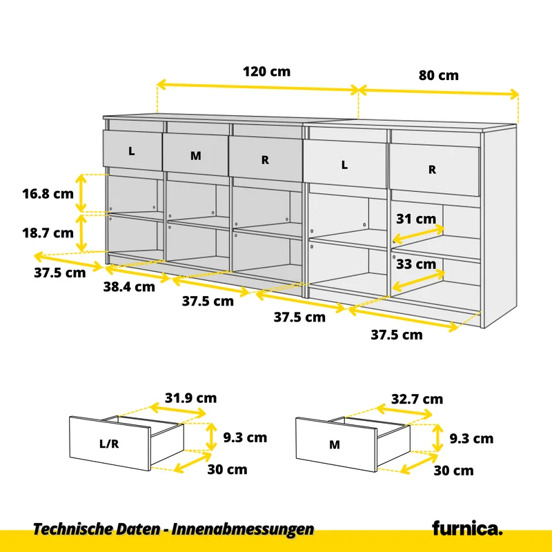 NOAH - Kommode mit 5 Schubladen und 5 Türen - Schlafzimmer Kommode Aufbewahrung Schrank Sideboard - Wotan Eiche / Anthrazit H75cm B200cm T35cm
