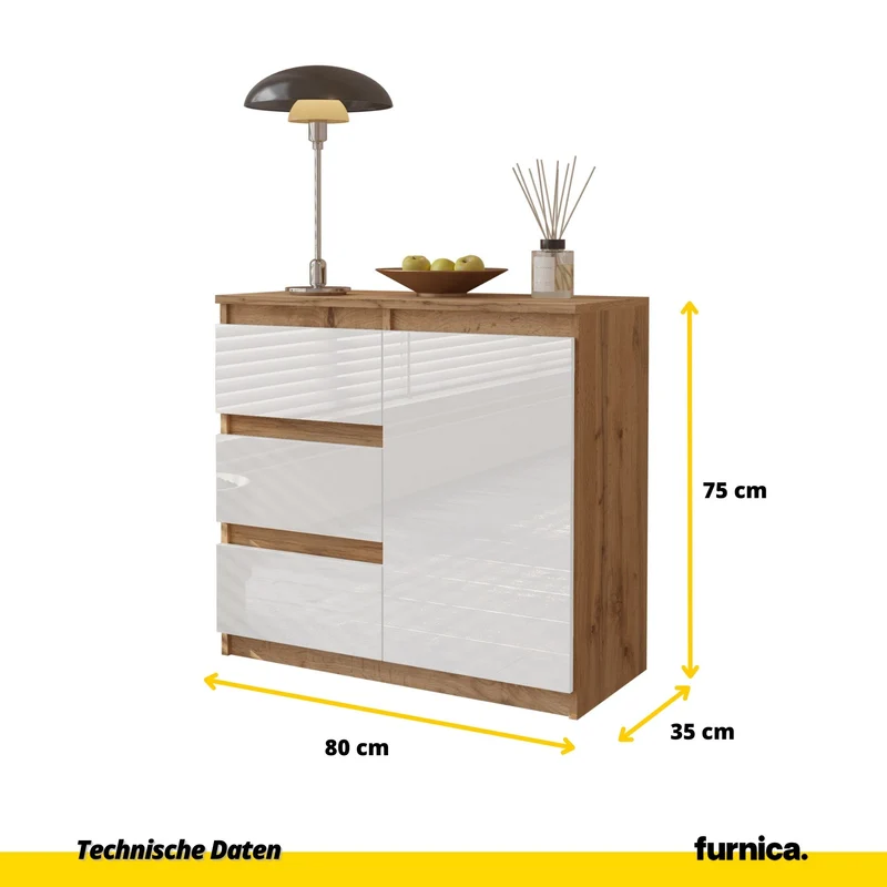 MIKEL - Kommode / Sideboard mit 3 Schubladen und 1 Tür - Wotan Eiche / Weiß Gloss H75cm B80cm T35cm