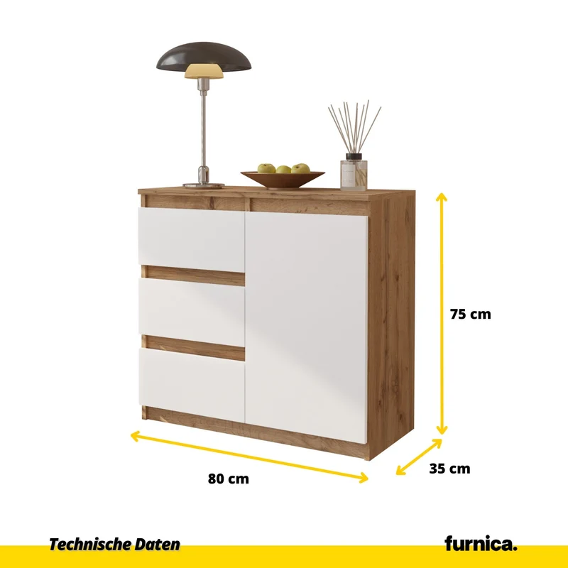 MIKEL - Kommode / Sideboard mit 3 Schubladen und 1 Tür - Wotan Eiche / Weiß Matt H75cm B80cm T35cm