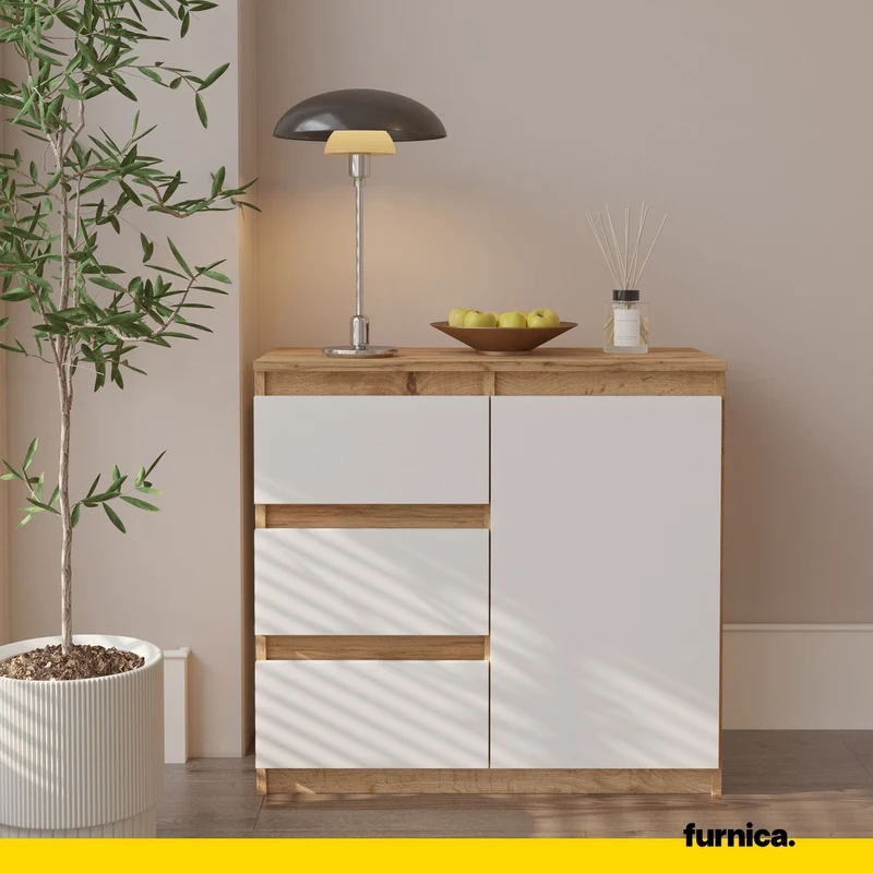 MIKEL - Kommode / Sideboard mit 3 Schubladen und 1 Tür - Wotan Eiche / Weiß Matt H75cm B80cm T35cm