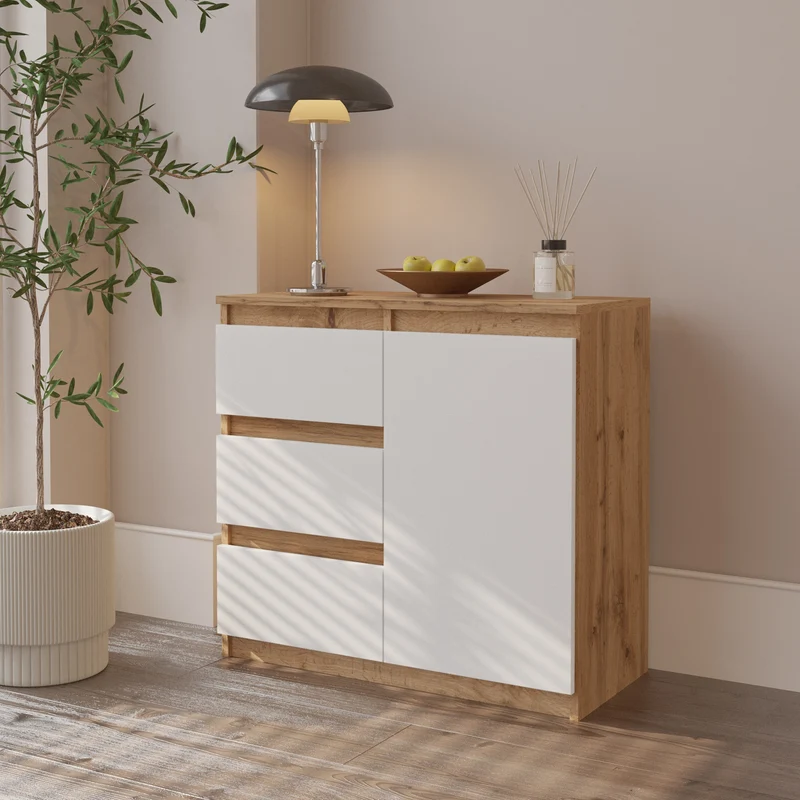 MIKEL - Kommode / Sideboard mit 3 Schubladen und 1 Tür - Wotan Eiche / Weiß Matt H75cm B80cm T35cm