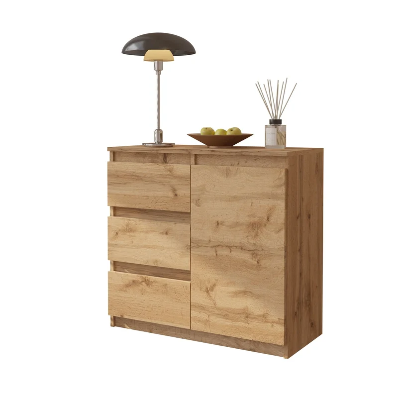 MIKEL - Kommode / Sideboard mit 3 Schubladen und 1 Tür - Wotan Eiche H75cm B80cm T35cm