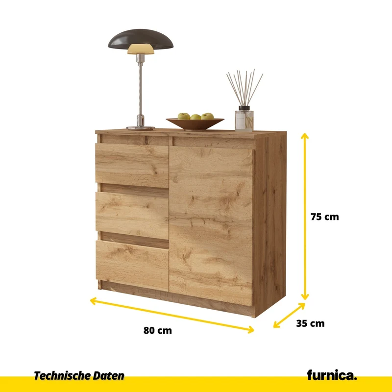 MIKEL - Kommode / Sideboard mit 3 Schubladen und 1 Tür - Wotan Eiche H75cm B80cm T35cm