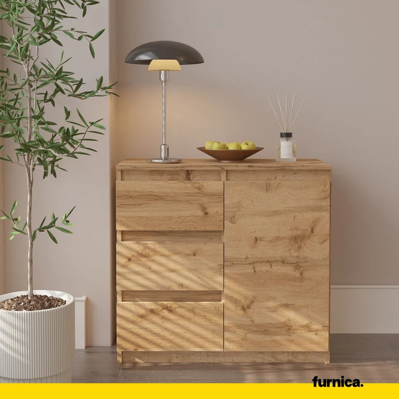 MIKEL - Kommode / Sideboard mit 3 Schubladen und 1 Tür - Wotan Eiche H75cm B80cm T35cm