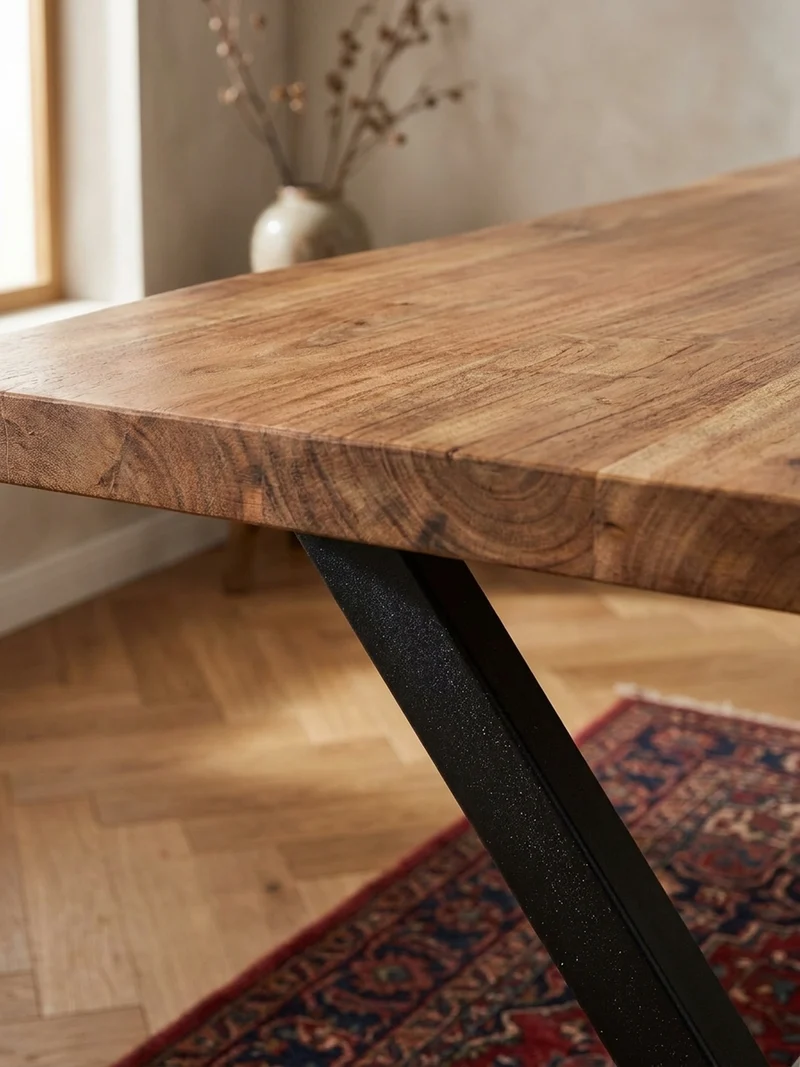 Schreibtisch Massivholz X-Gestell Baumkante Handgefertigt