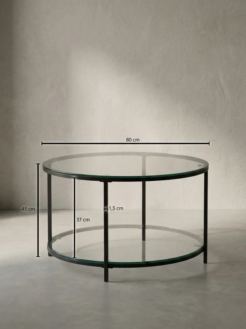 Couchtisch Glas-Metall Mix mit zwei Ablagen in Marmoroptik