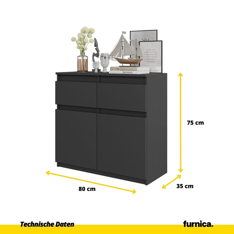 NOAH - Kommode / Sideboard mit 2 Schubladen und 2 Türen - Anthrazit Grau H75cm B80cm T35cm