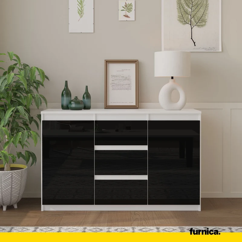 MIKEL - Kommode / Sideboard mit 3 Schubladen und 2 Türen - Weiß Matt / Schwarz Gloss H75cm B120cm T35cm