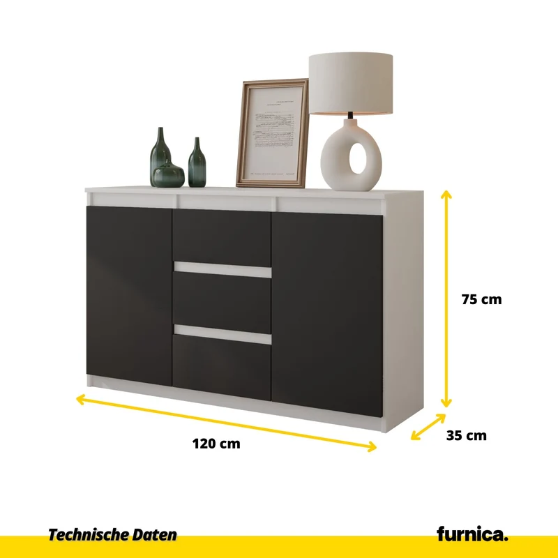 MIKEL - Kommode / Sideboard mit 3 Schubladen und 2 Türen - Weiß Matt / Anthrazit Grau H75cm B120cm T35cm