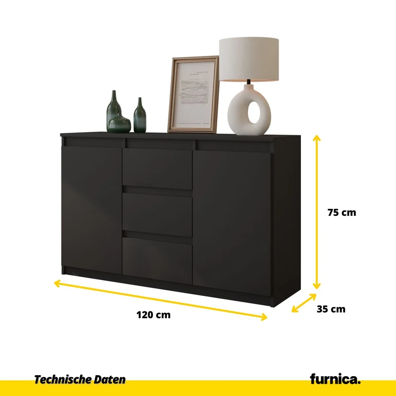 MIKEL - Kommode / Sideboard mit 3 Schubladen und 2 Türen - Anthrazit Grau H75cm B120cm T35cm