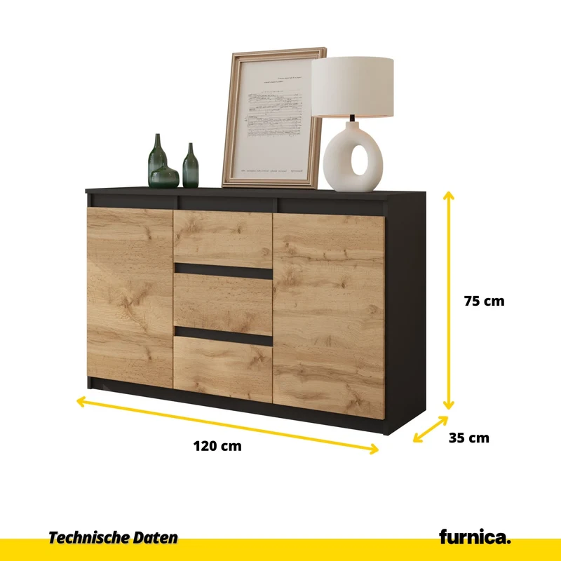 MIKEL - Kommode / Sideboard mit 3 Schubladen und 2 Türen - Anthrazit Grau / Wotan Eiche H75cm B120cm T35cm