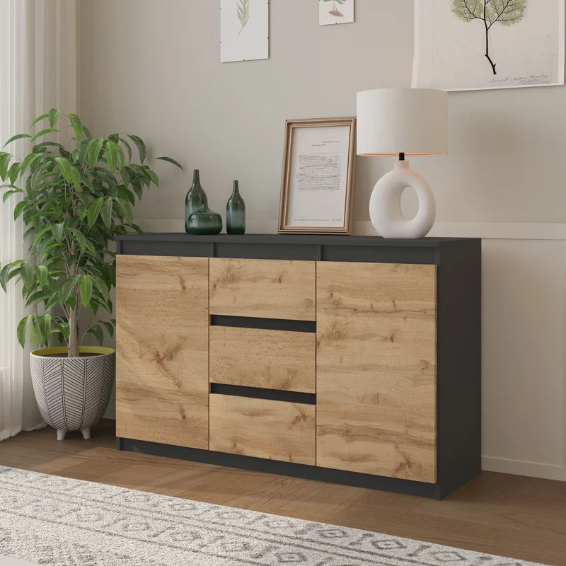 MIKEL - Kommode / Sideboard mit 3 Schubladen und 2 Türen - Anthrazit Grau / Wotan Eiche H75cm B120cm T35cm