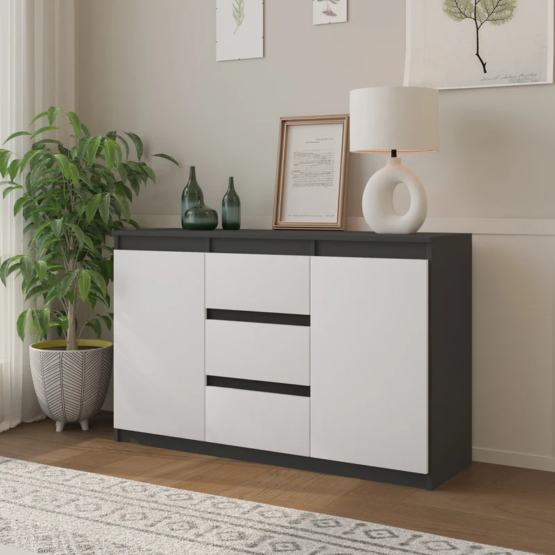 MIKEL - Kommode / Sideboard mit 3 Schubladen und 2 Türen - Anthrazit Grau / Weiß Matt H75cm B120cm T35cm