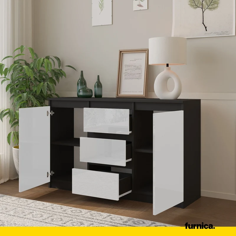 MIKEL - Kommode / Sideboard mit 3 Schubladen und 2 Türen - Anthrazit Grau / Weiß Gloss H75cm B120cm T35cm