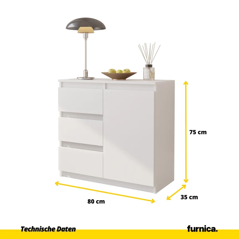 MIKEL - Kommode / Sideboard mit 3 Schubladen und 1 Tür - Weiß Matt H75cm B80cm T35cm