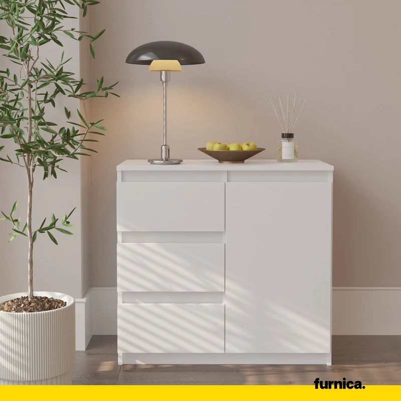 MIKEL - Kommode / Sideboard mit 3 Schubladen und 1 Tür - Weiß Matt H75cm B80cm T35cm