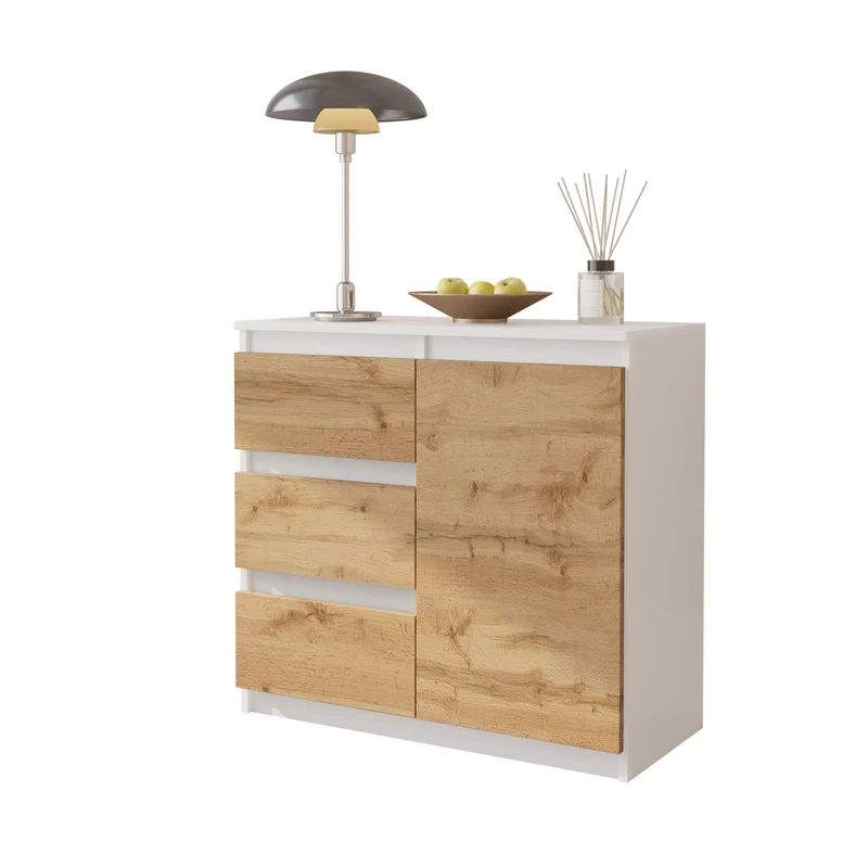 MIKEL - Kommode / Sideboard mit 3 Schubladen und 1 Tür - Weiß Matt / Wotan Eiche H75cm B80cm T35cm