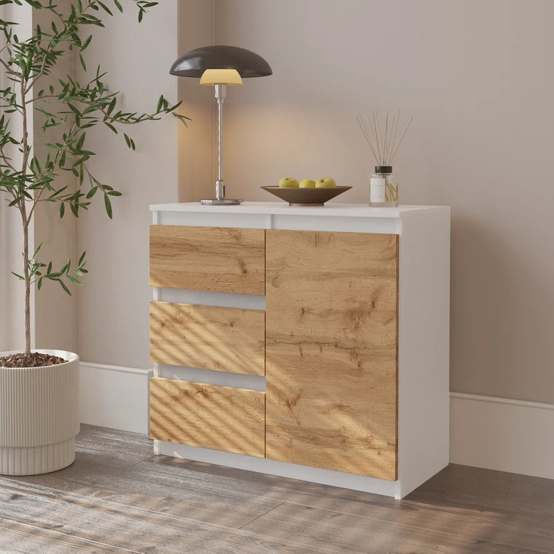MIKEL - Kommode / Sideboard mit 3 Schubladen und 1 Tür - Weiß Matt / Wotan Eiche H75cm B80cm T35cm