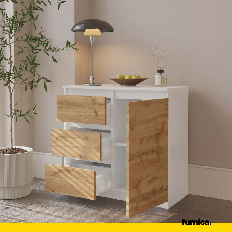 MIKEL - Kommode / Sideboard mit 3 Schubladen und 1 Tür - Weiß Matt / Wotan Eiche H75cm B80cm T35cm
