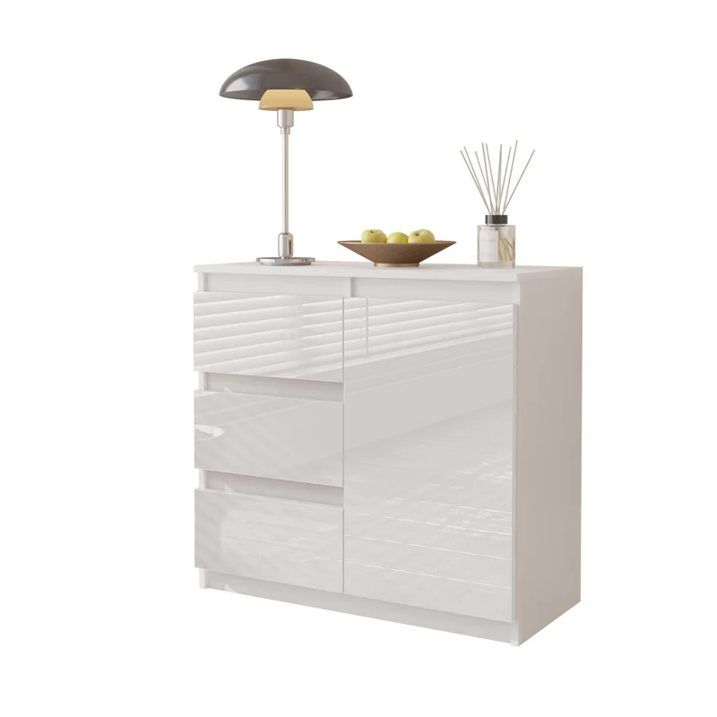 MIKEL - Kommode / Sideboard mit 3 Schubladen und 1 Tür - Weiß Matt / Weiß Gloss H75cm B80cm T35cm