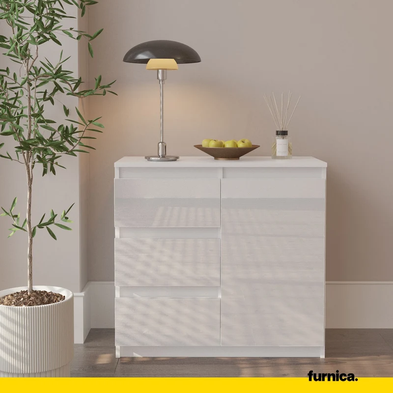 MIKEL - Kommode / Sideboard mit 3 Schubladen und 1 Tür - Weiß Matt / Weiß Gloss H75cm B80cm T35cm