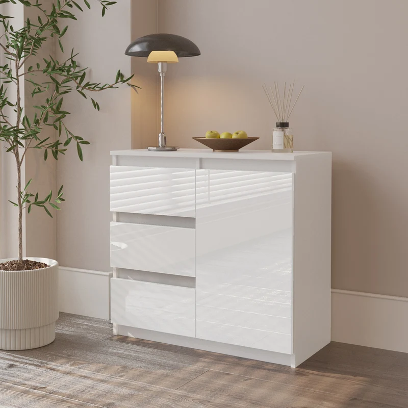 MIKEL - Kommode / Sideboard mit 3 Schubladen und 1 Tür - Weiß Matt / Weiß Gloss H75cm B80cm T35cm