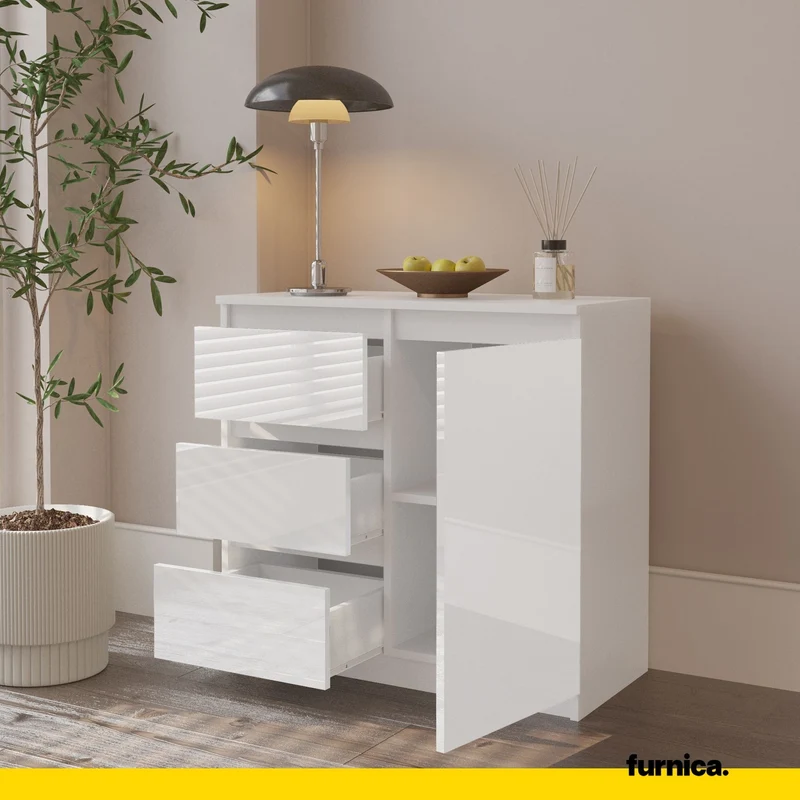 MIKEL - Kommode / Sideboard mit 3 Schubladen und 1 Tür - Weiß Matt / Weiß Gloss H75cm B80cm T35cm