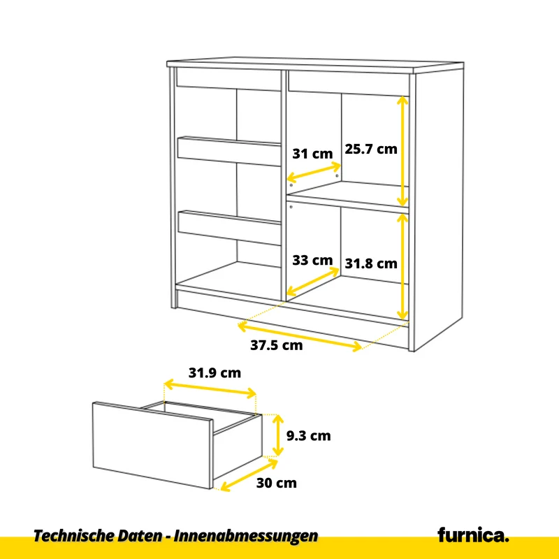 MIKEL - Kommode / Sideboard mit 3 Schubladen und 1 Tür - Weiß Matt / Weiß Gloss H75cm B80cm T35cm