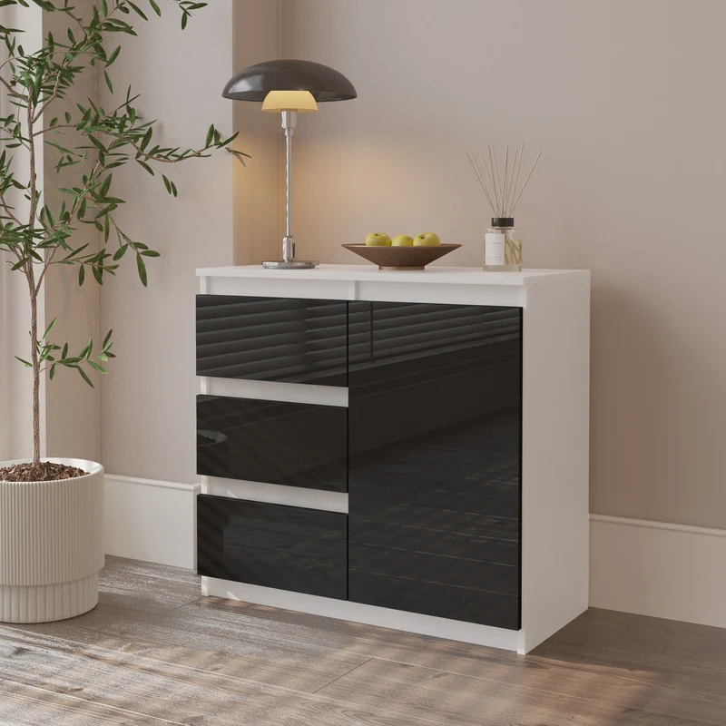 MIKEL - Kommode / Sideboard mit 3 Schubladen und 1 Tür - Weiß Matt / Schwarz Gloss H75cm B80cm T35cm