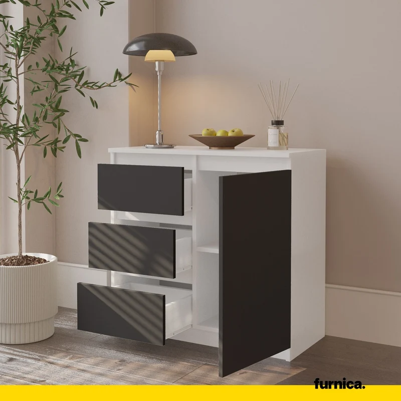 MIKEL - Kommode / Sideboard mit 3 Schubladen und 1 Tür - Weiß Matt / Anthrazit Grau H75cm B80cm T35cm
