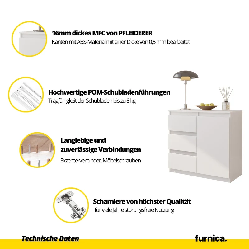 MIKEL - Kommode / Sideboard mit 3 Schubladen und 1 Tür - Weiß Matt / Anthrazit Grau H75cm B80cm T35cm
