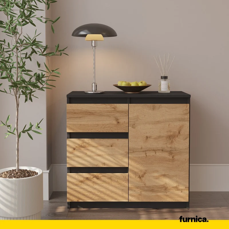 MIKEL - Kommode / Sideboard mit 3 Schubladen und 1 Tür - Anthrazit Grau / Wotan Eiche H75cm B80cm T35cm