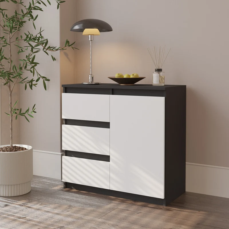 MIKEL - Kommode / Sideboard mit 3 Schubladen und 1 Tür - Anthrazit Grau / Weiß Matt H75cm B80cm T35cm