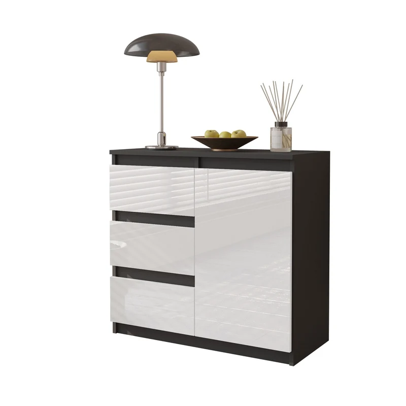 MIKEL - Kommode / Sideboard mit 3 Schubladen und 1 Tür - Anthrazit Grau / Weiß Gloss H75cm B80cm T35cm