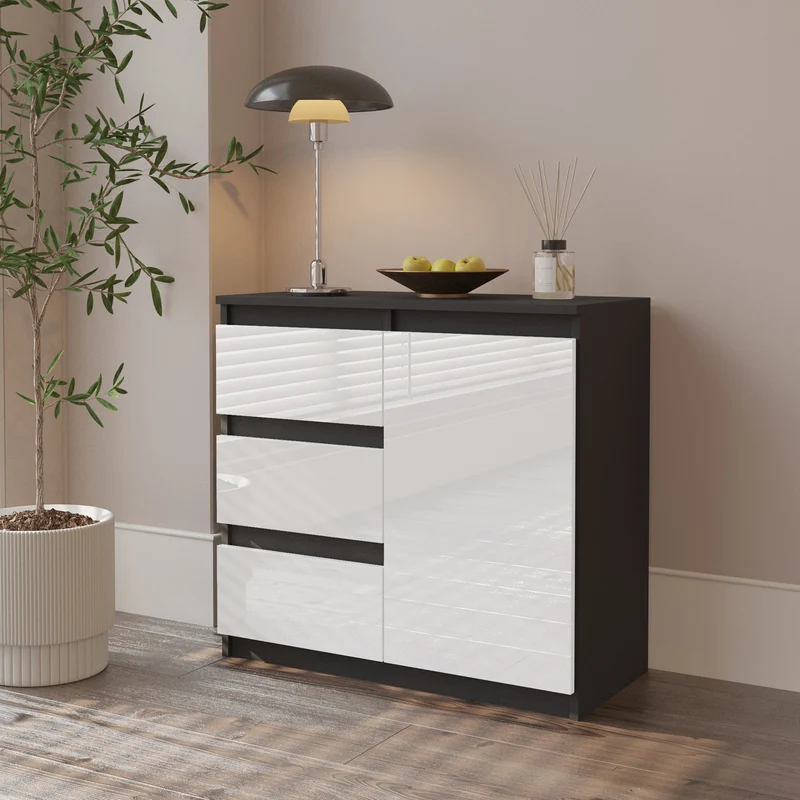 MIKEL - Kommode / Sideboard mit 3 Schubladen und 1 Tür - Anthrazit Grau / Weiß Gloss H75cm B80cm T35cm
