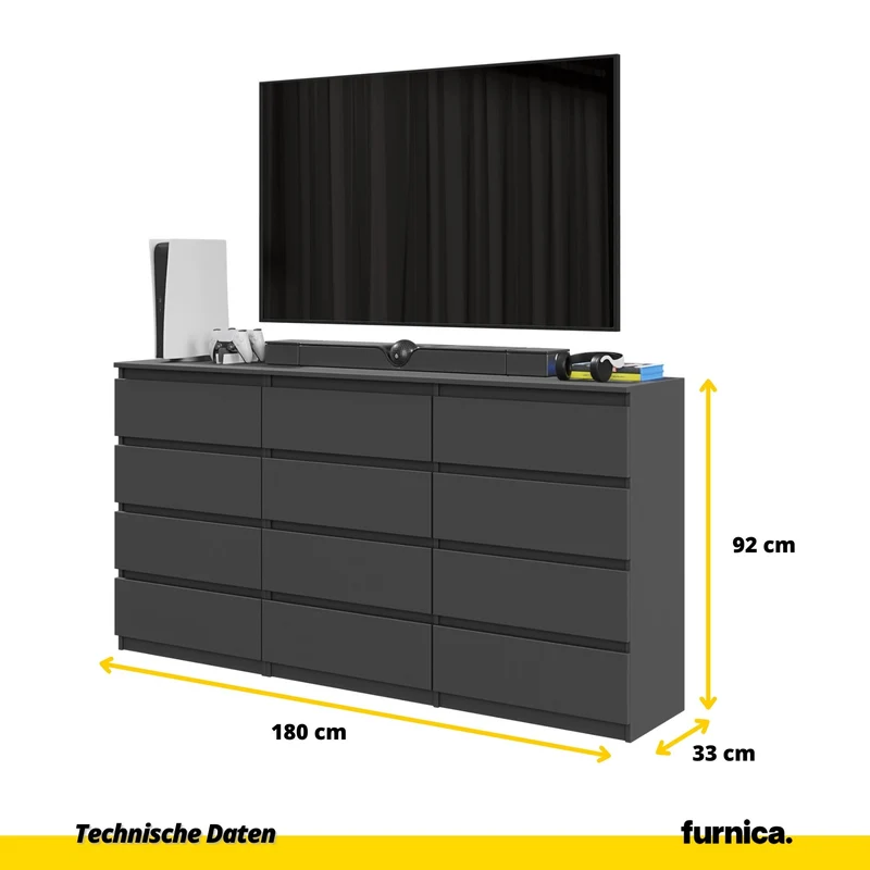 GABRIEL - Kommode / Sideboard mit 12 Schubladen (8+4) - Anthrazit H92cm W180cm D33cm