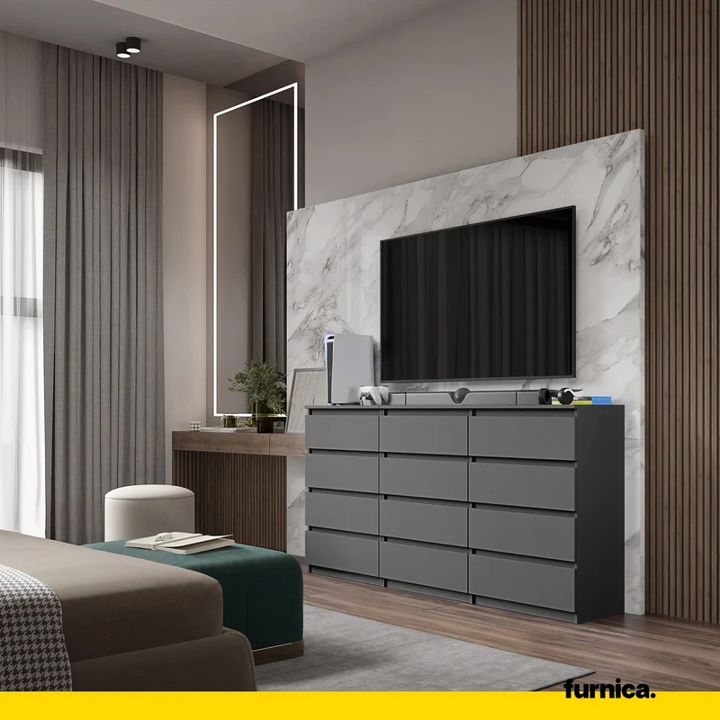 GABRIEL - Kommode / Sideboard mit 12 Schubladen (8+4) - Anthrazit H92cm W180cm D33cm
