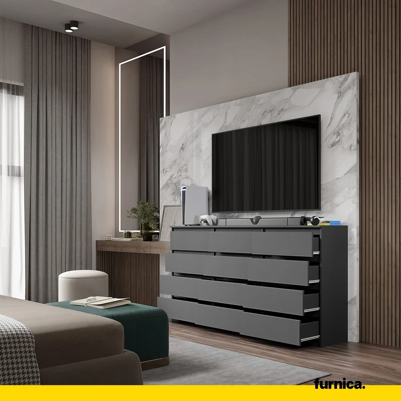 GABRIEL - Kommode / Sideboard mit 12 Schubladen (8+4) - Anthrazit H92cm W180cm D33cm