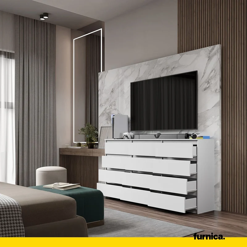 GABRIEL - Kommode / Sideboard mit 12 Schubladen (8+4) - Weiß Matt H92cm B180cm T33cm