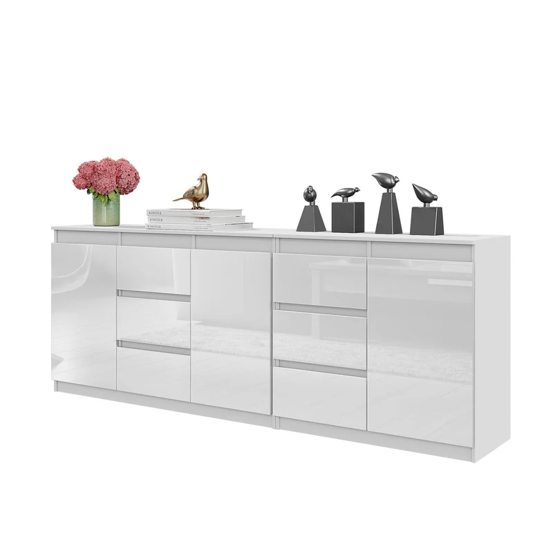 MIKEL - Kommode mit 6 Schubladen und 3 Türen - Schlafzimmer Kommode Aufbewahrungsschrank Sideboard - Weiß Matt / Weiß Glanz H75cm B200cm T35cm