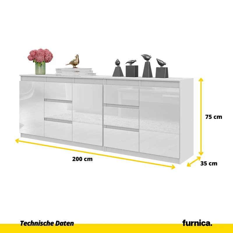 MIKEL - Kommode mit 6 Schubladen und 3 Türen - Schlafzimmer Kommode Aufbewahrungsschrank Sideboard - Weiß Matt / Weiß Glanz H75cm B200cm T35cm